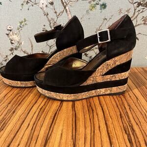 Terry de Havilland D-Havz Platform Wedge Sandals Black Suede / Cork Sz 36 / 5.5